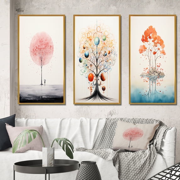 Designart "Impression of Solitude Minimal Watercolor Single Tree I" Landscape Trees Framed Wall Art Set Of 3 - Pink Trees Frame Canvas Set For Living Room Decor