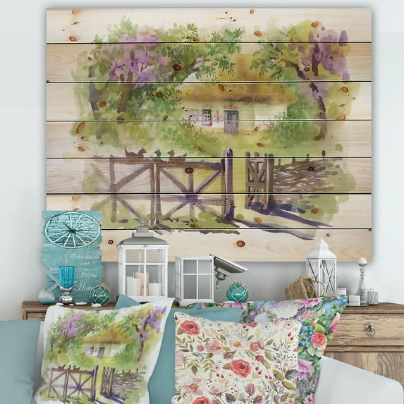 Designart 'Impression of Rustic Cottage In The Woods' Traditional Print on Natural Pine Wood
