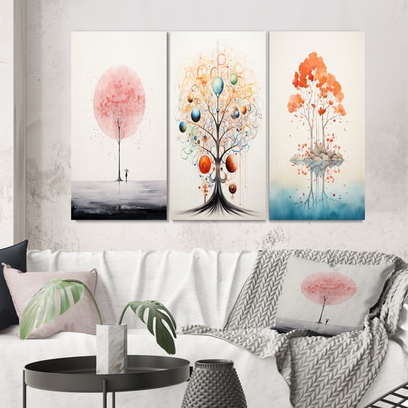 Designart "Impression of Solitude Minimal Watercolor Single Tree I" Landscape Trees Wall Art Set Of 3 - Trees Pink Canvas Set For Living Room Decor