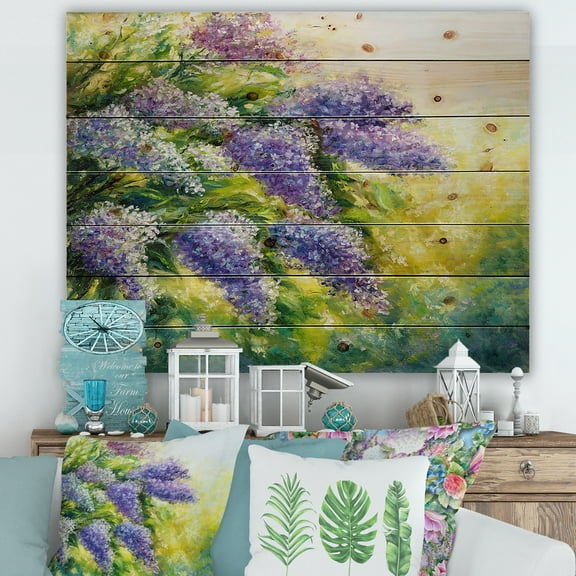 Designart 'Impressionism Lilac Tree In The Garden' Traditional Print on Natural Pine Wood