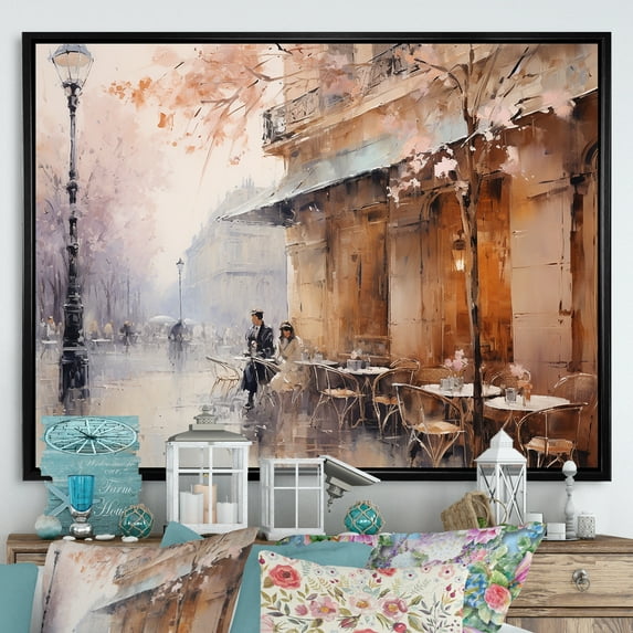 Designart "Impressionist Cafe In Paris With A Peachy Hue" City Paris Floater Framed Wall Art Living Room