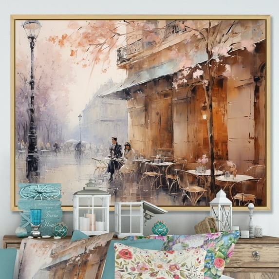 Designart "Impressionist Cafe In Paris With A Peachy Hue" City Paris Floater Framed Wall Art Living Room