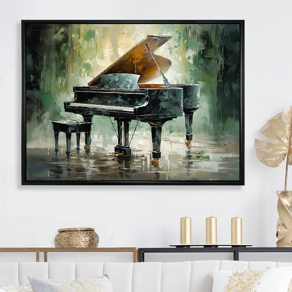 Designart "Impressionist Green Piano Instrument" Music Floater Framed Wall Art Prints