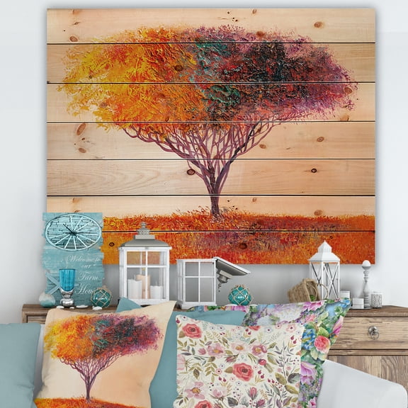 Designart 'Impressionist Landscape Colorful Abstract Tree' Modern Print on Natural Pine Wood