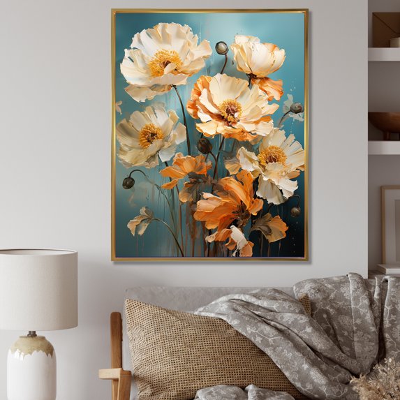 Designart "Impressionistic Twilight In Beige Poppies" Poppies Floater Framed Wall Decor