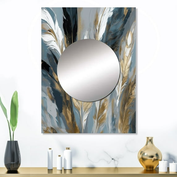 Designart "Impressions Of Bohemian Energy Gold And Grey I" Boho Feather Mirror Wall Decor - Traditional Gold Geometric Large Mirror Wall Decor For Bedroom - 32" x 24" Inch