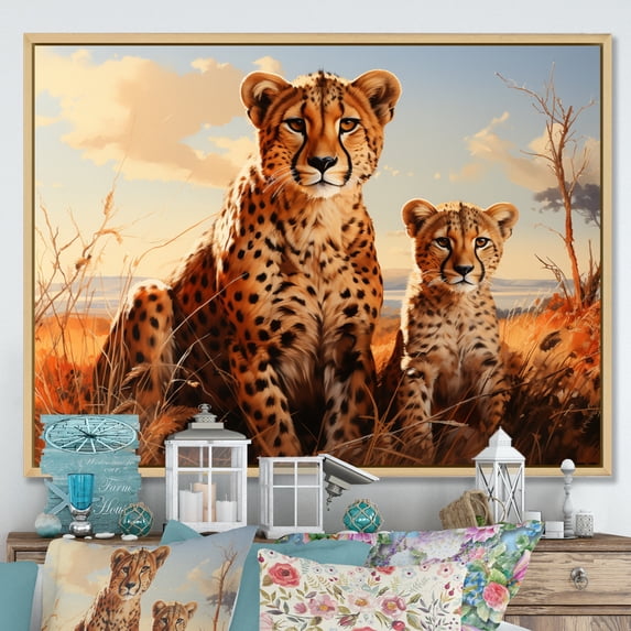 Designart "In Africa Cheetah Family wall decor" Animals Floater Framed Canvas Wall Art