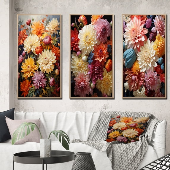 Designart "In Full Bloom Captivating Mums IV" Floral & Botanical Framed Wall Art Set Of 3 - Multi-Color Mums Frame Gallery Set For Office Decor