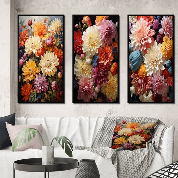 Designart "In Full Bloom Captivating Mums IV" Floral & Botanical Framed Wall Art Set Of 3 - Multi-Color Mums Frame Gallery Set For Office Decor