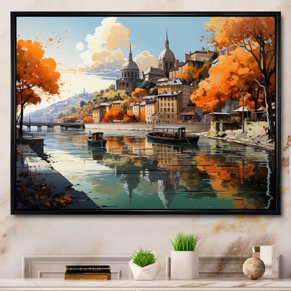 Designart "In Lyon French Riverside wall art I" Cityscapes Floater Framed Wall Decor