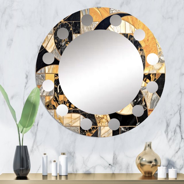 Designart "In Motion with Gold and Black II" Abstract Shapes Round Wall Mirror - Modern Oval Printed Decorative Oversized Mirror - Multiple Color Options