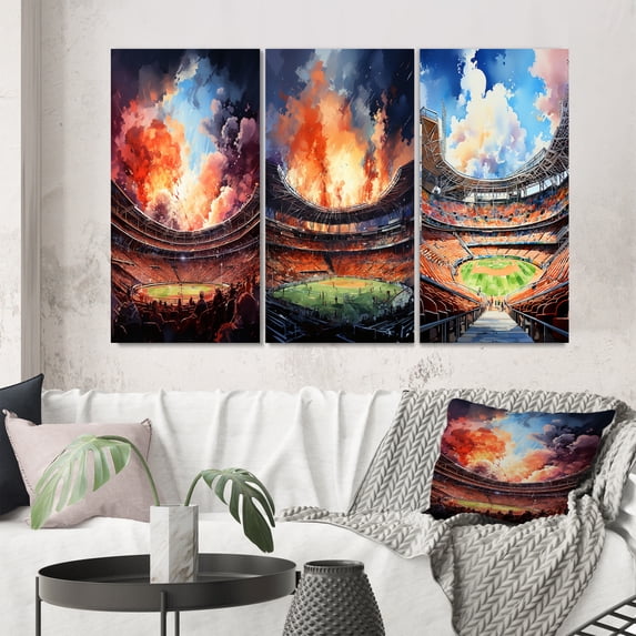 Designart "In Spotlight Sport Stadium wall art VI" Cityscapes Wall Art Set Of 3 - Multi-Color Stadiums Gallery Wall Set For Home Decor