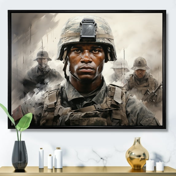 Designart "In The Military Line I" Army Floater Framed Wall Art Living Room