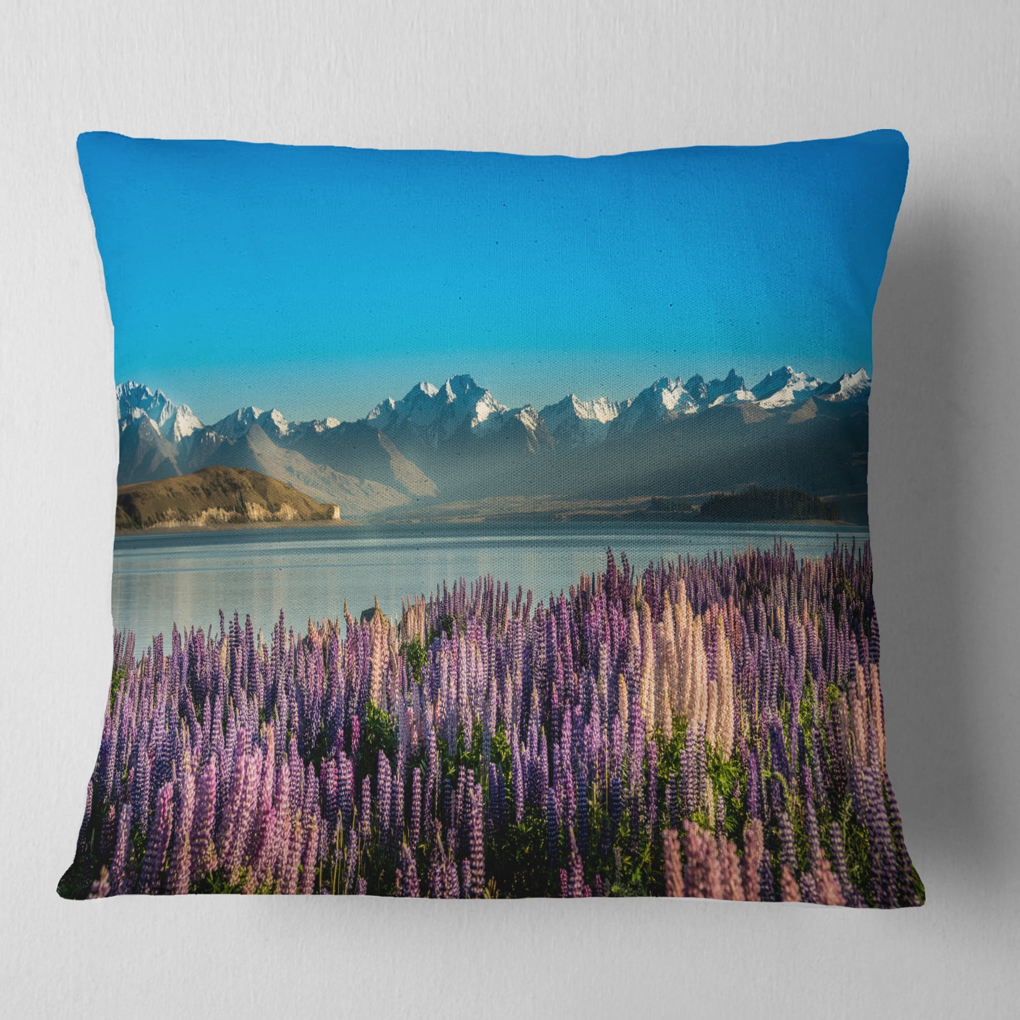 Designart Incredible Mountains Waters and Flowers - Landscape Printed Throw Pillow - 18x18