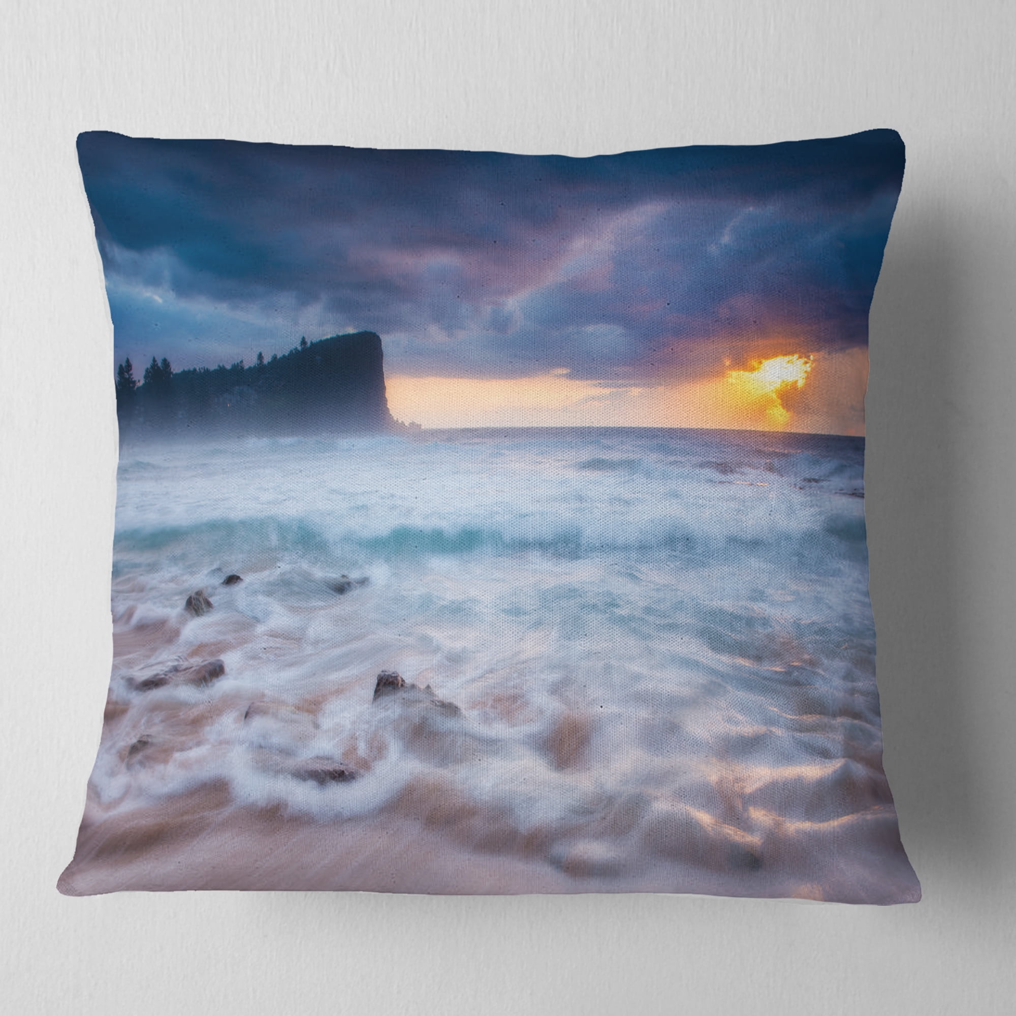 Designart Incredible Sunset with White Waves - Seashore Throw Pillow - 16x16