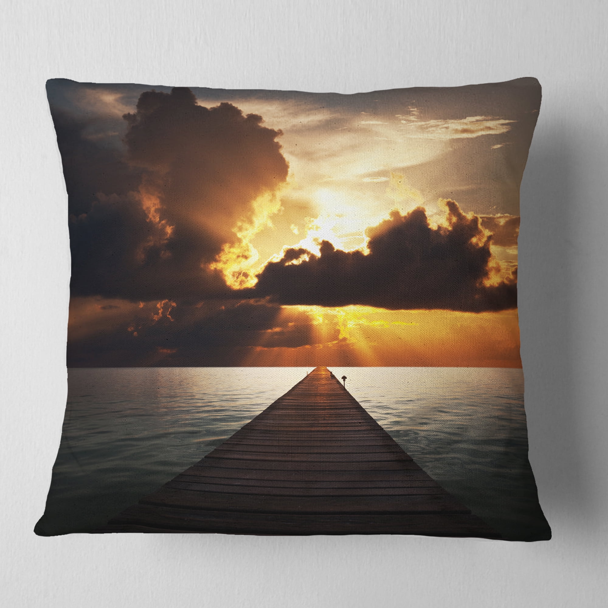 Designart Indefinite Wooden Pier to Gloomy Sea - Bridge Throw Pillow - 18x18