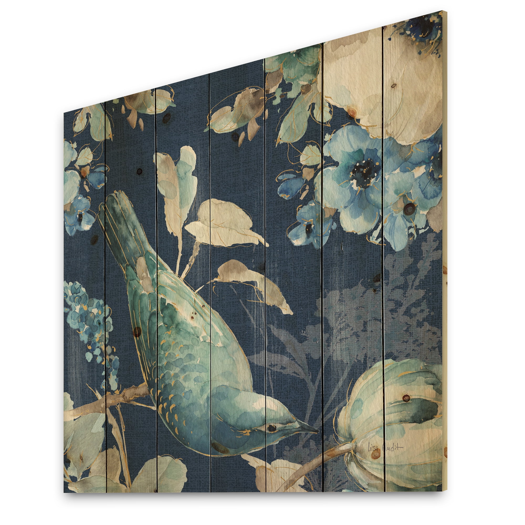 Indigo Bird and Floral Print on Natural Pine Wood Art, 16" x 16"