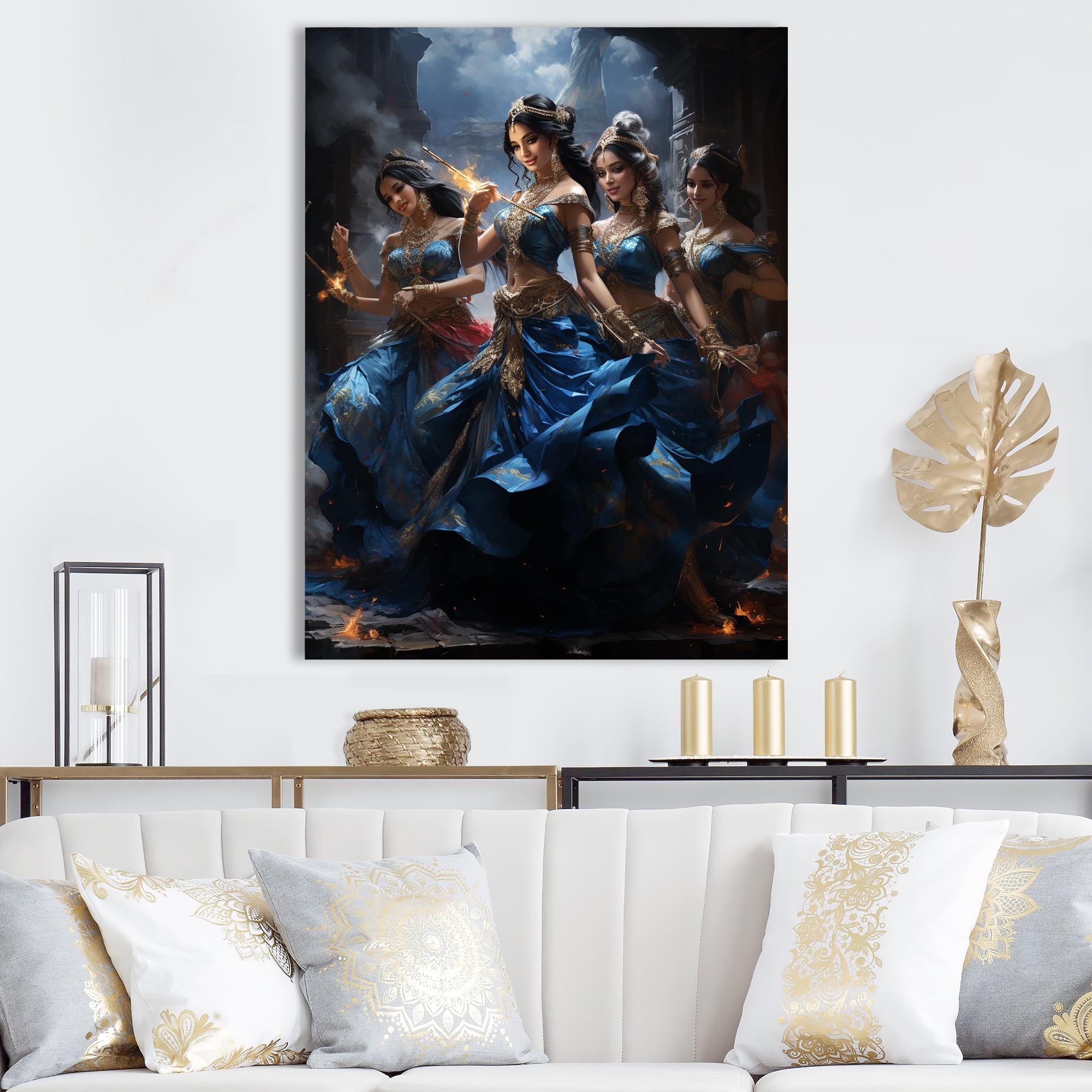 Indian Bollywood Blue Dance Canvas Wall Art with Pine Frame