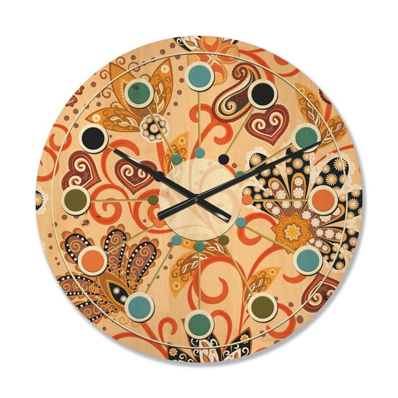 Designart 'Indian Floral Batik Retro II' Mid-Century Modern Wood Wall Clock