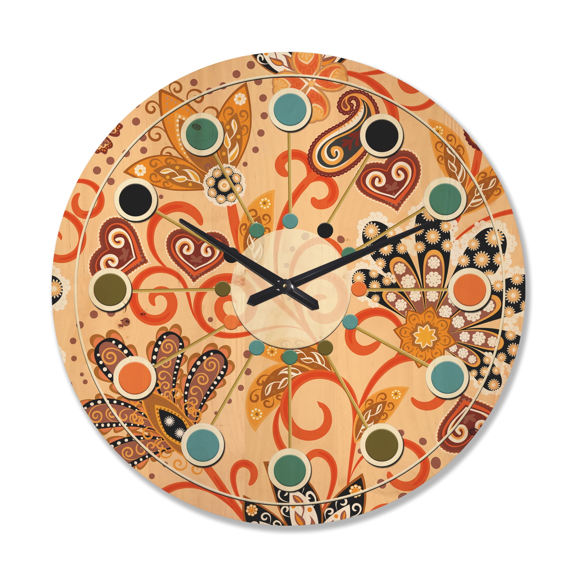 Designart 'Indian Floral Batik Retro II' Mid-Century Modern Wood Wall Clock