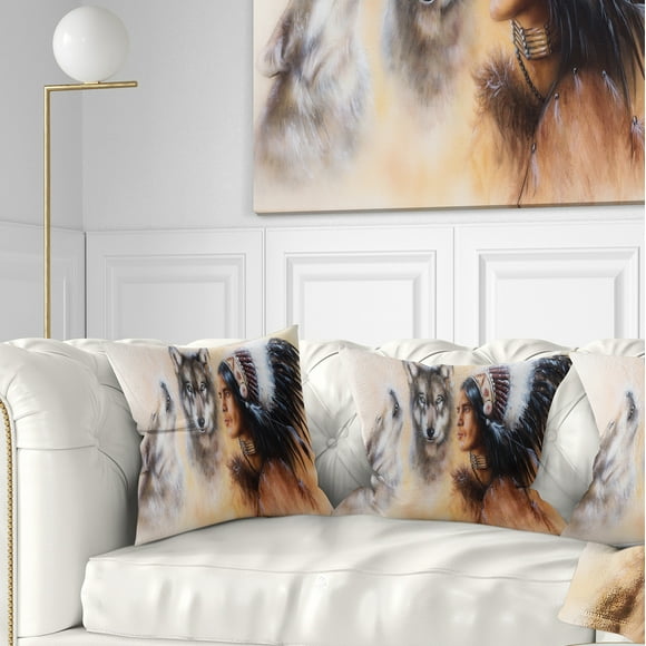 Designart Indian Warrior with Two Wolves - Animal Throw Pillow - 16x16