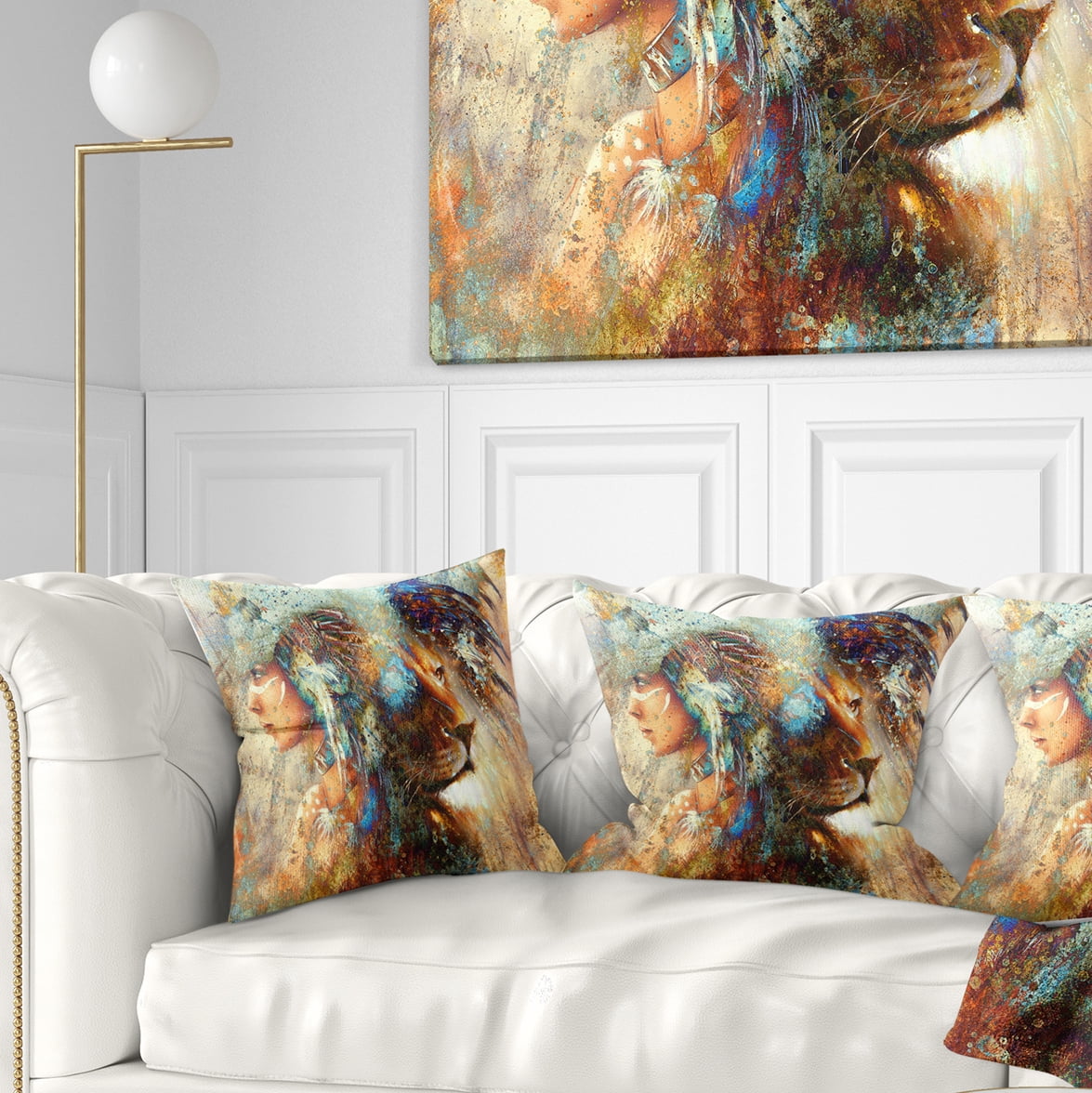 Designart Indian Woman Collage with Lion - Indian Throw Pillow - 18x18