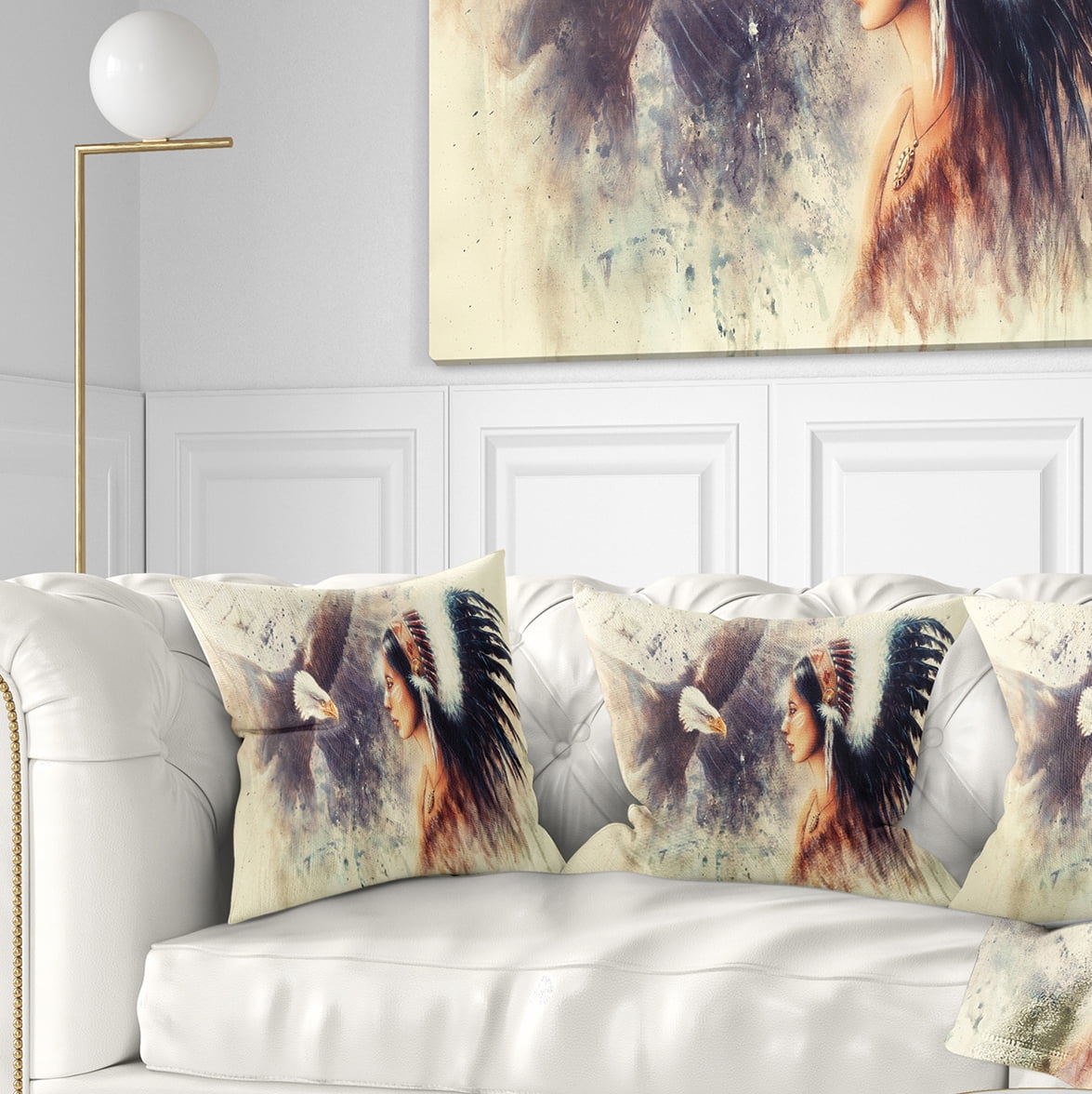Designart Indian Woman and Eagle - Portrait Throw Pillow - 18x18