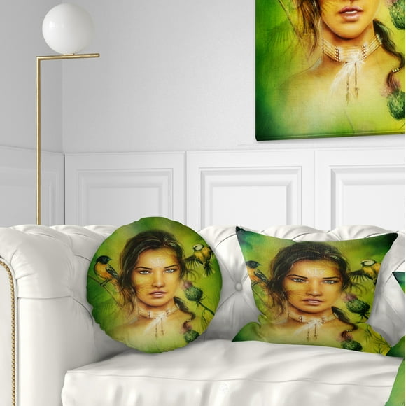 Designart Indian Woman with Birds - Portrait Throw Pillow - 12x20