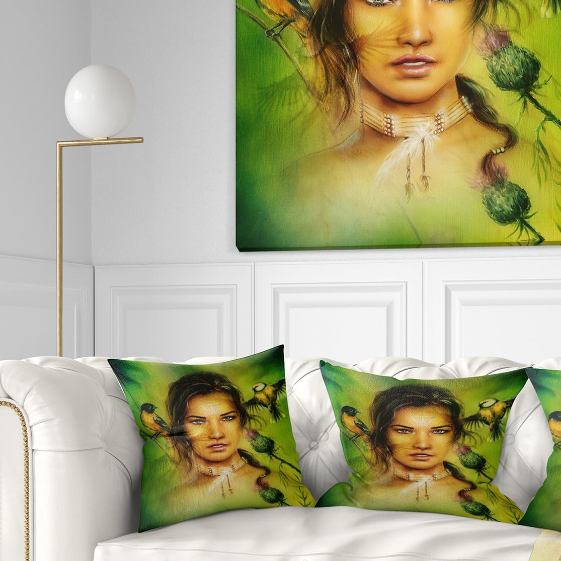 Designart Indian Woman with Birds - Portrait Throw Pillow - 18x18