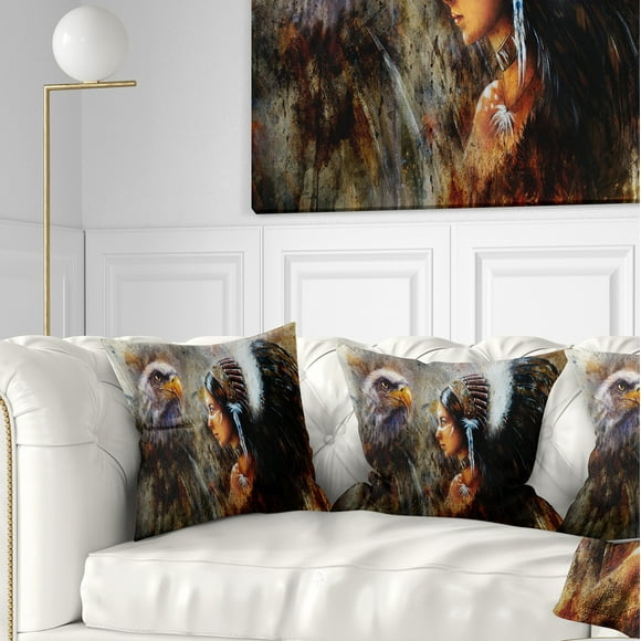 Designart Indian Woman with Feather Headdress - Indian Throw Pillow - 18x18