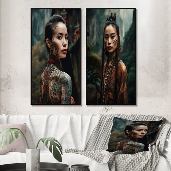 Designart "Indigenous Chinese Tribal Woman I" Asian Woman Framed Wall Art Set Of 2 - Glam Blue Frame Gallery Set For Office Decor