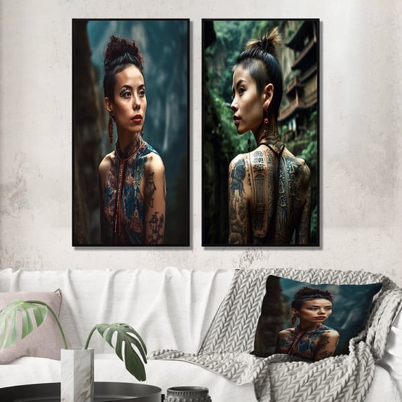Designart "Indigenous Chinese Tribal Woman III" Asian Woman Framed Wall Art Set Of 2 - Glam Blue Framed Canvas Set For Living Room Decor