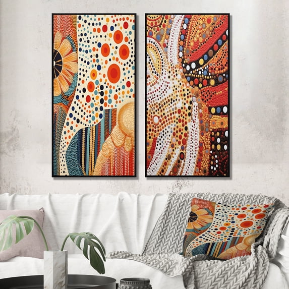 Designart "Indigenous Circular Dot Art Compositions III" Transitional Framed Wall Art Set Of 2 - Abstract White Gallery Wall Frame Set For Home Decor