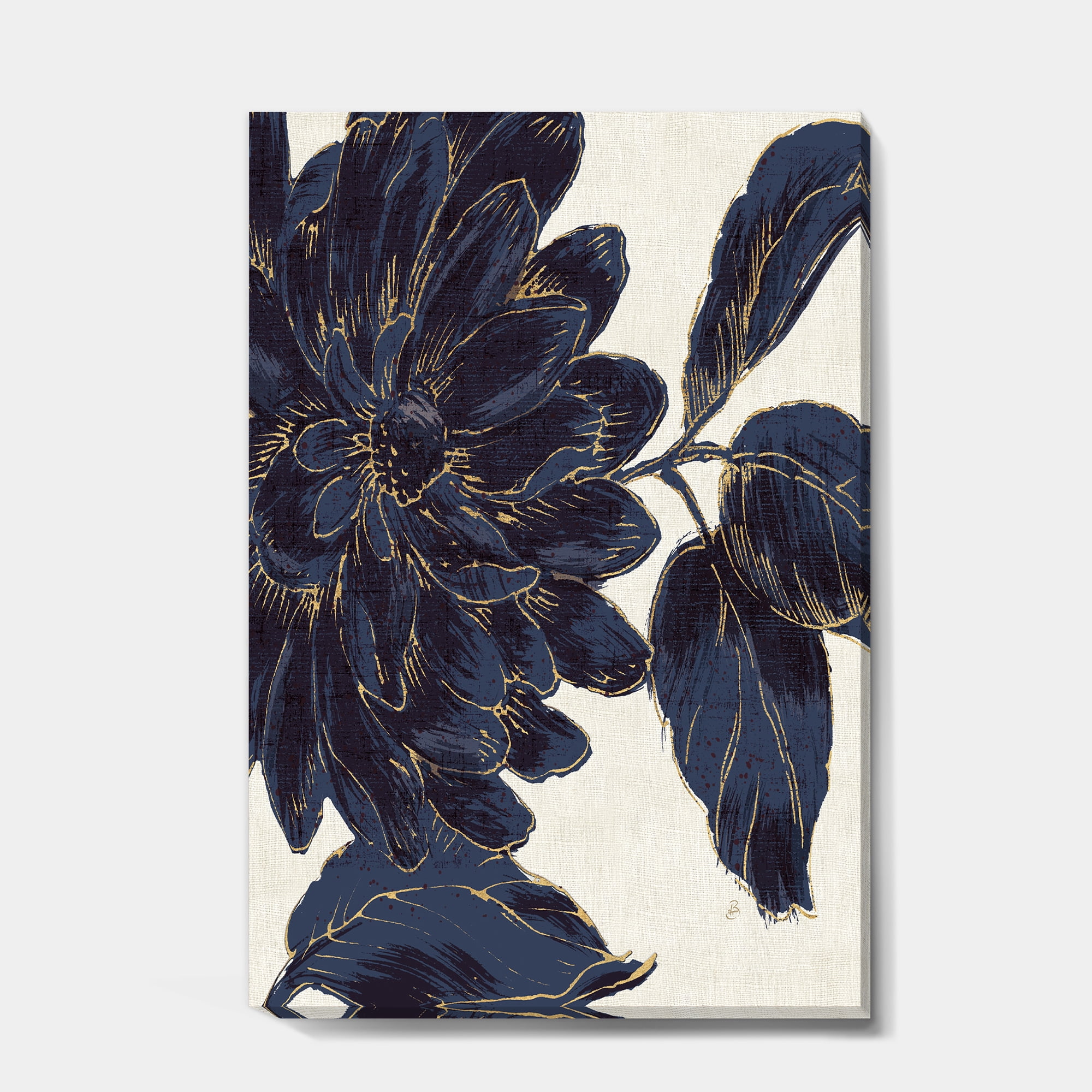 Designart 'Indigo Gold Metallic Flower' Traditional Canvas Art