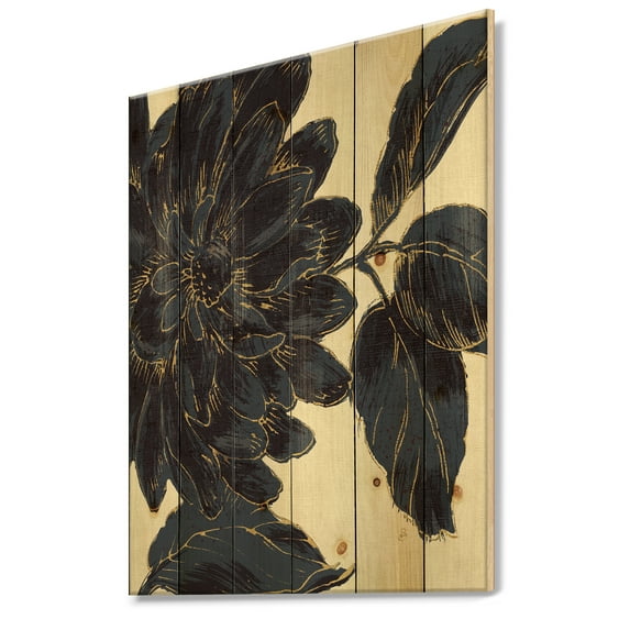 Designart 'Indigo Gold Metallic Flower' Traditional Print on Natural Pine Wood