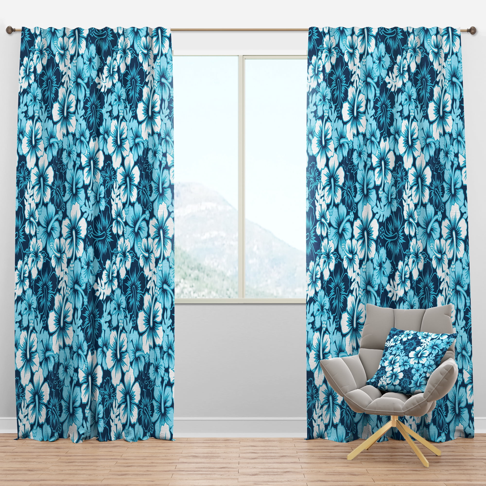 Designart 'Indigo HawaII Blue Flowers Pattern' Tropical Blackout Curtain Panel