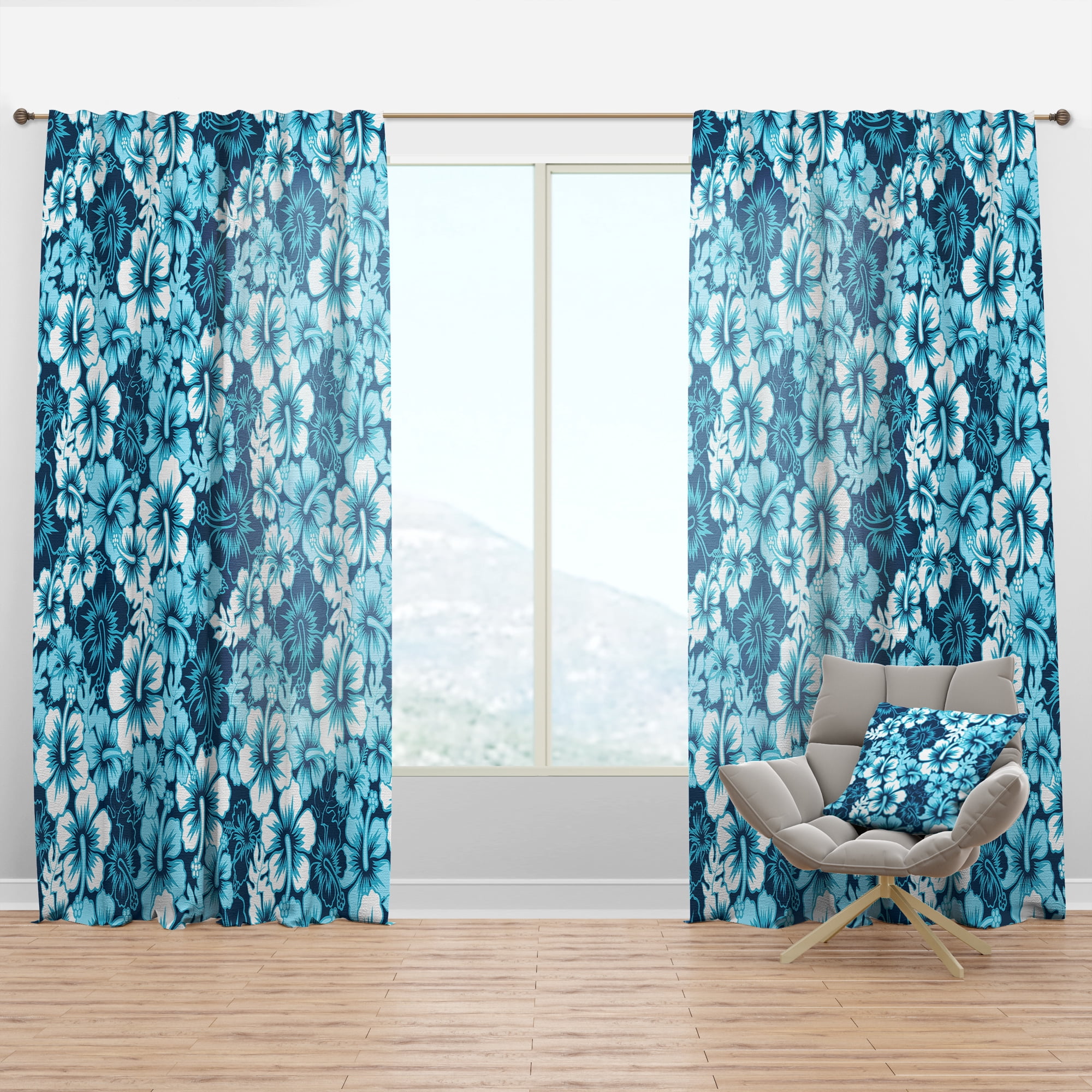 Designart 'Indigo HawaII Blue Flowers Pattern' Tropical Curtain Panel