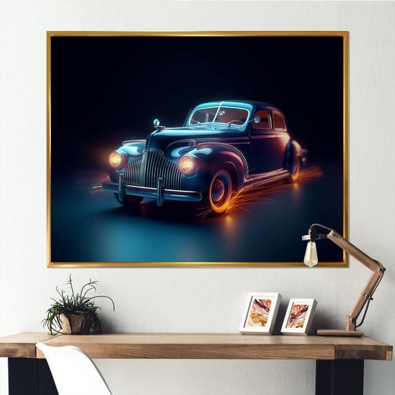 Designart "Indigo Vintage Car With Neon Light Strips" Car Vintage Floater Framed Canvas Art Print