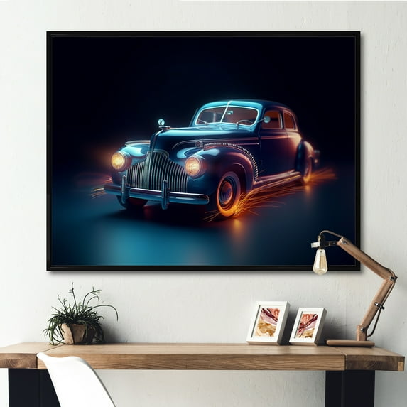 Designart "Indigo Vintage Car With Neon Light Strips" Car Vintage Floater Framed Canvas Art Print