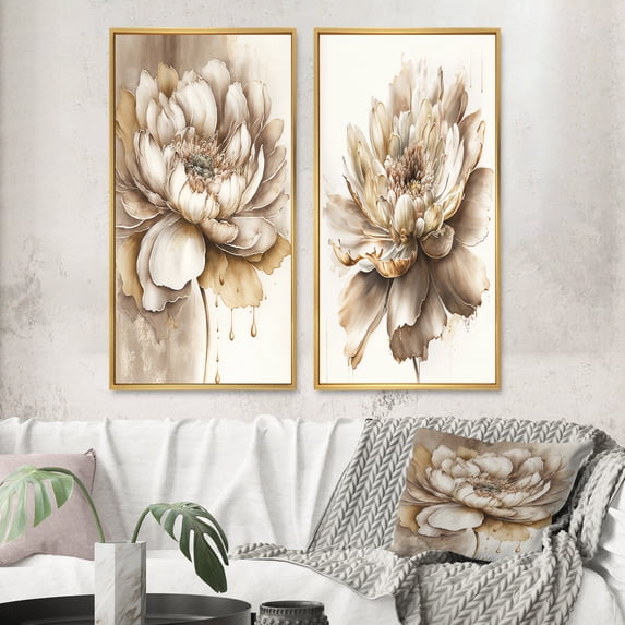 Designart "Indigold Beige Floral Beauty II" Floral Framed Wall Art Set Of 2 - Beige Floral Gallery Wall Frame Set For Home Decor