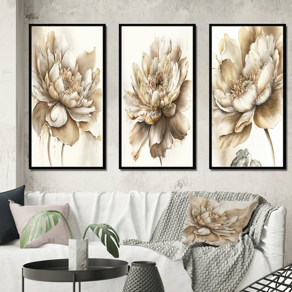 Designart "Indigold Beige Floral Beauty III" Floral & Botanical Framed Wall Art Set Of 3 - Beige Floral Frame Gallery Wall Set For Home Decor