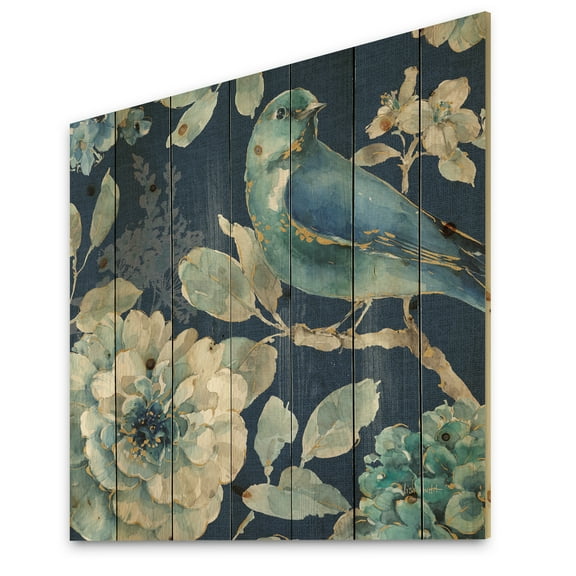 Designart 'Indigold Bird Cottage Family III' Farmhouse Print on Natural Pine Wood