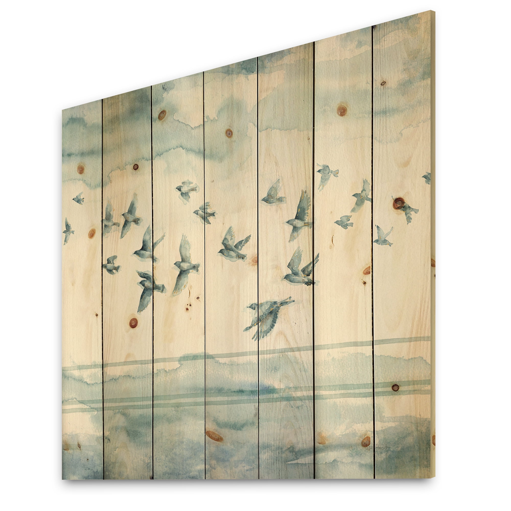 Designart 'Indigold Bird Cottage Family VII' Animals Print on Natural Pine Wood