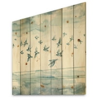 Designart 'Indigold Bird Cottage Family VII' Animals Print on Natural Pine Wood