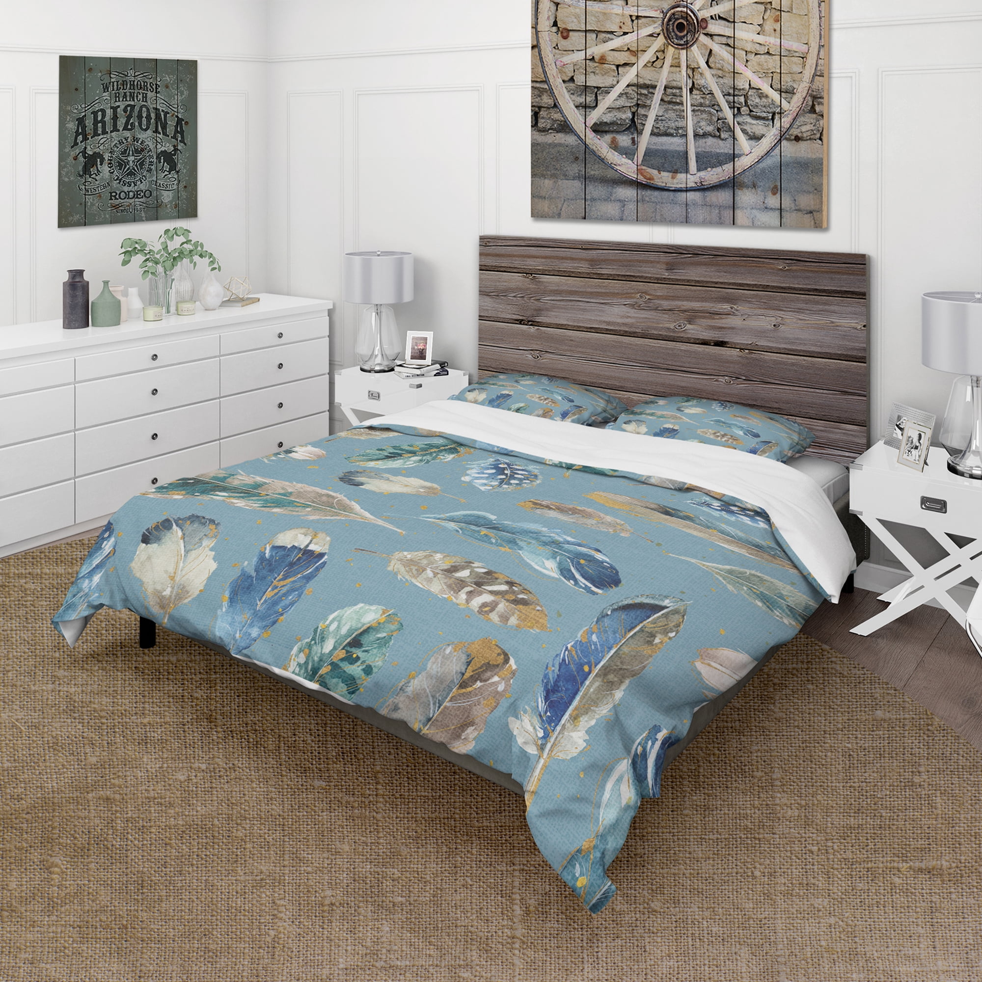 Designart 'Indigold Feathers Turquoise Pattern' Cottage Duvet Cover Set