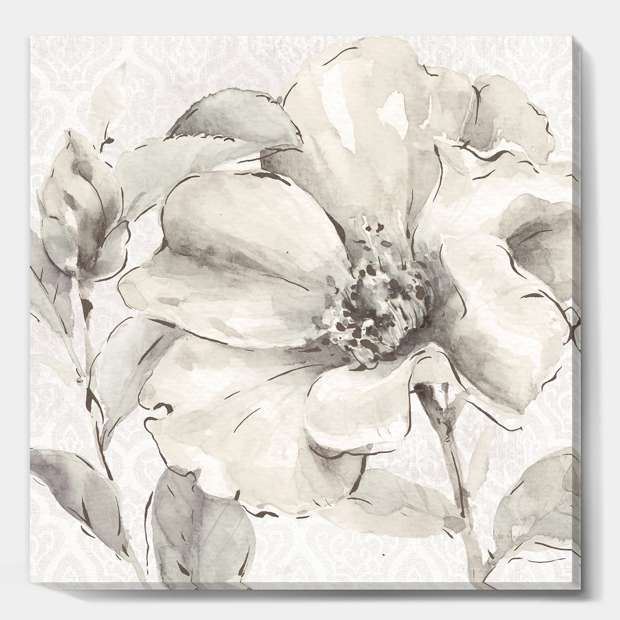 Gray and White Floral Wrapped Canvas Art in Rectangular Frame