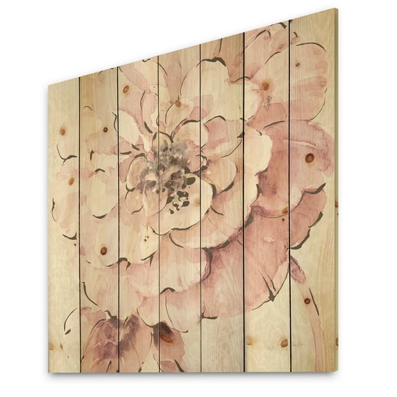 Designart 'Indigold Shabby Peonies Pink' Farmhouse Print on Natural Pine Wood