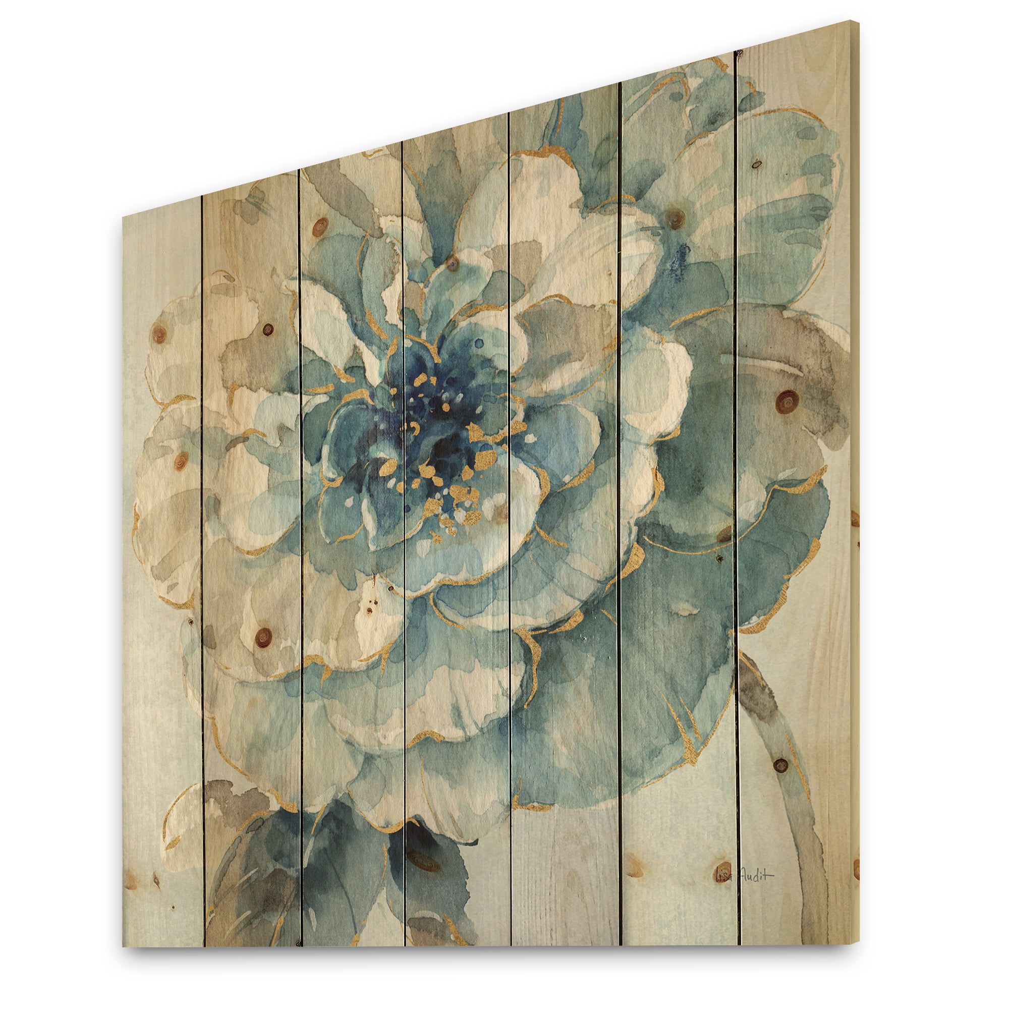 Indigold Watercolor Floral Print on Natural Pine Wood