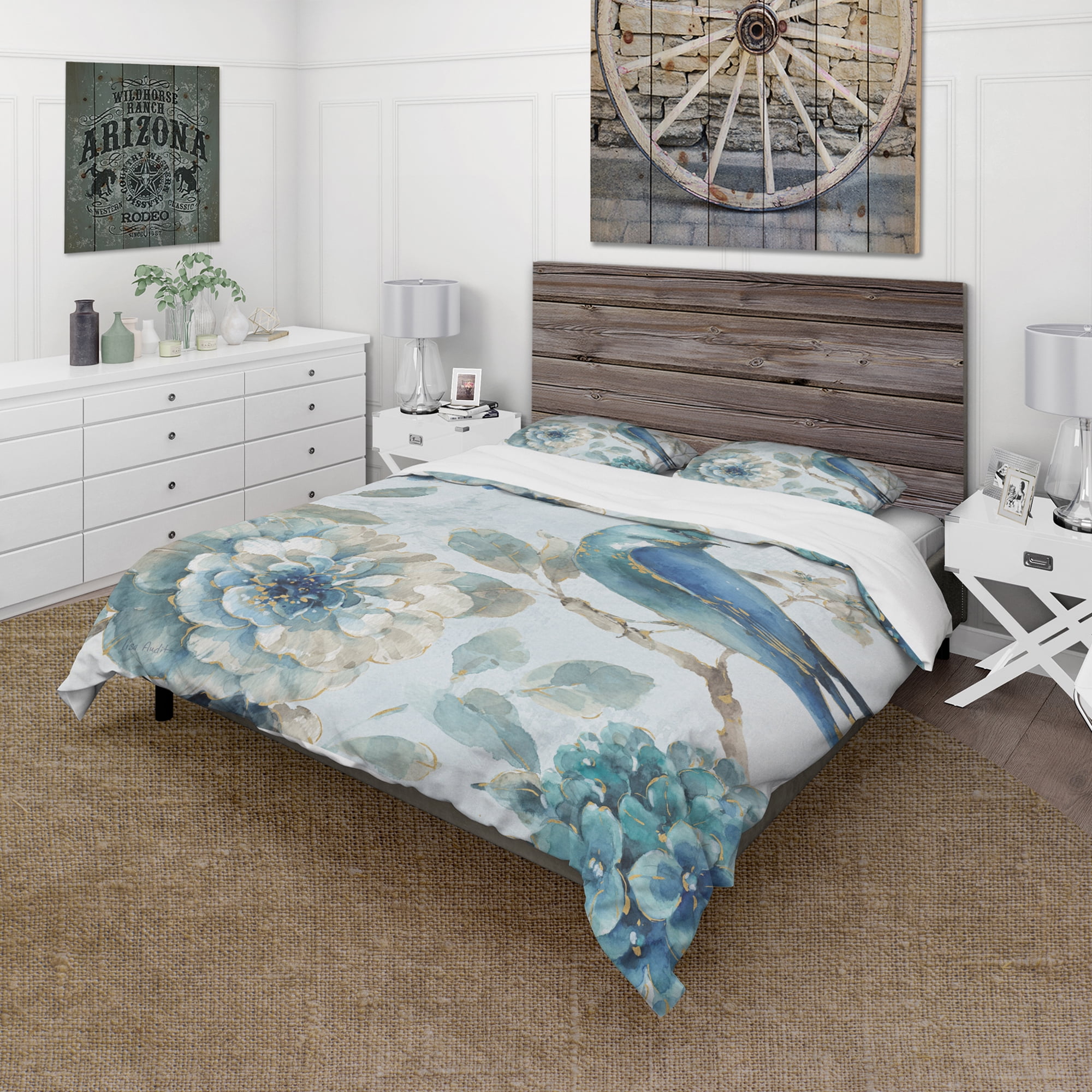 Designart 'Indigold Watercolor Lovely bird II' Cottage Duvet Cover Set
