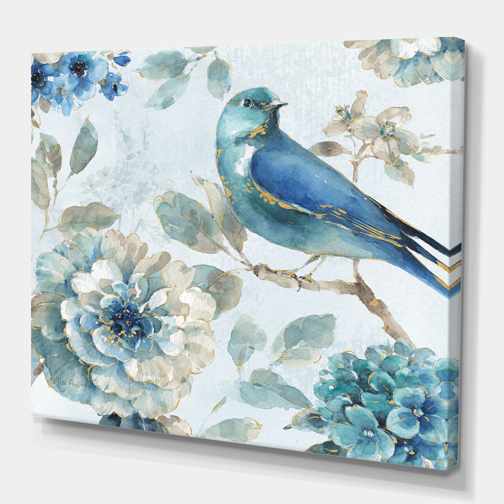 Blue and Gold Watercolor Bird Canvas Art in 16" x 16"